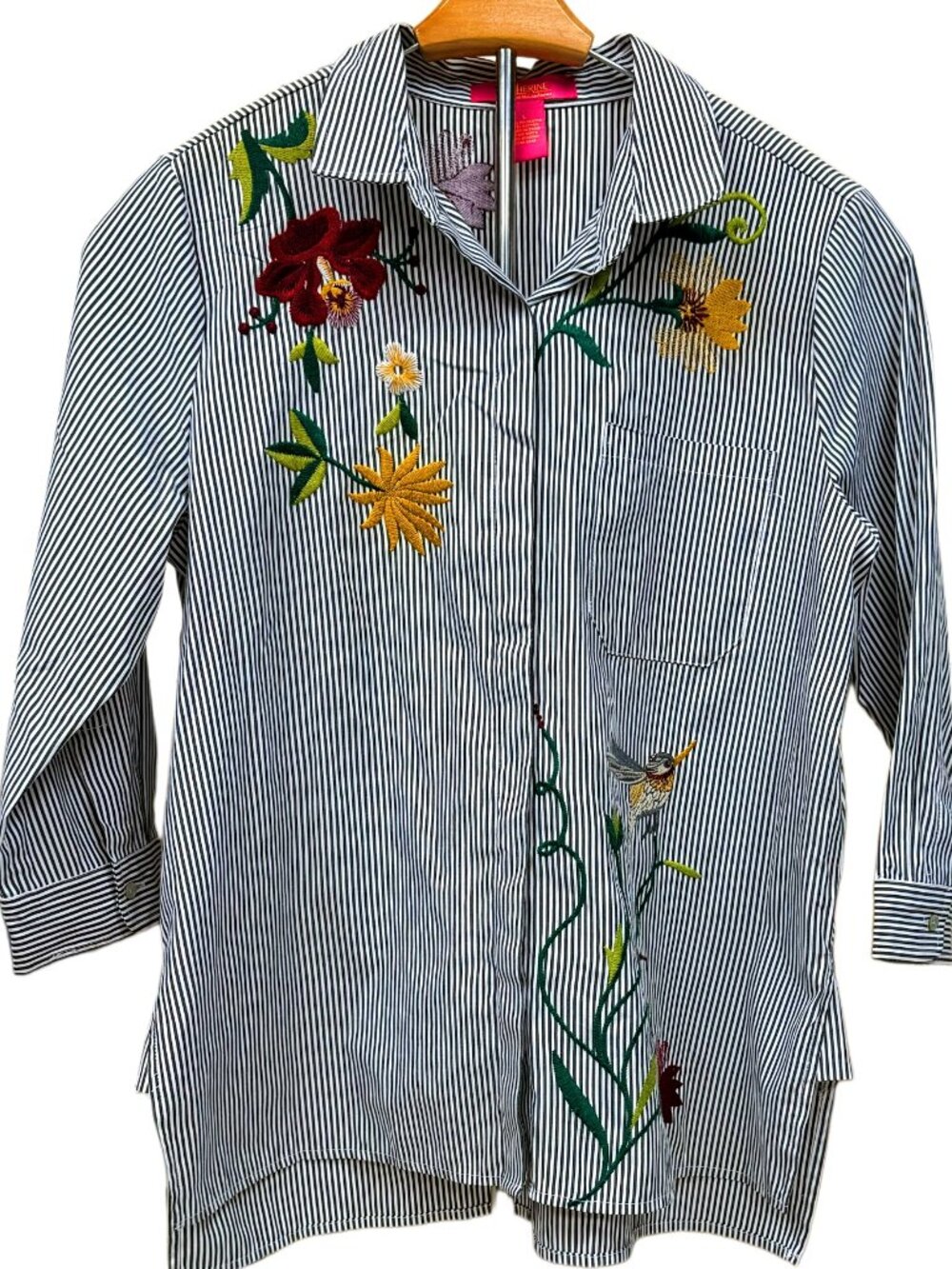 Catherine NEW Long Sleeve Button Down Top Stripes Floral Embroidery Pocket Large